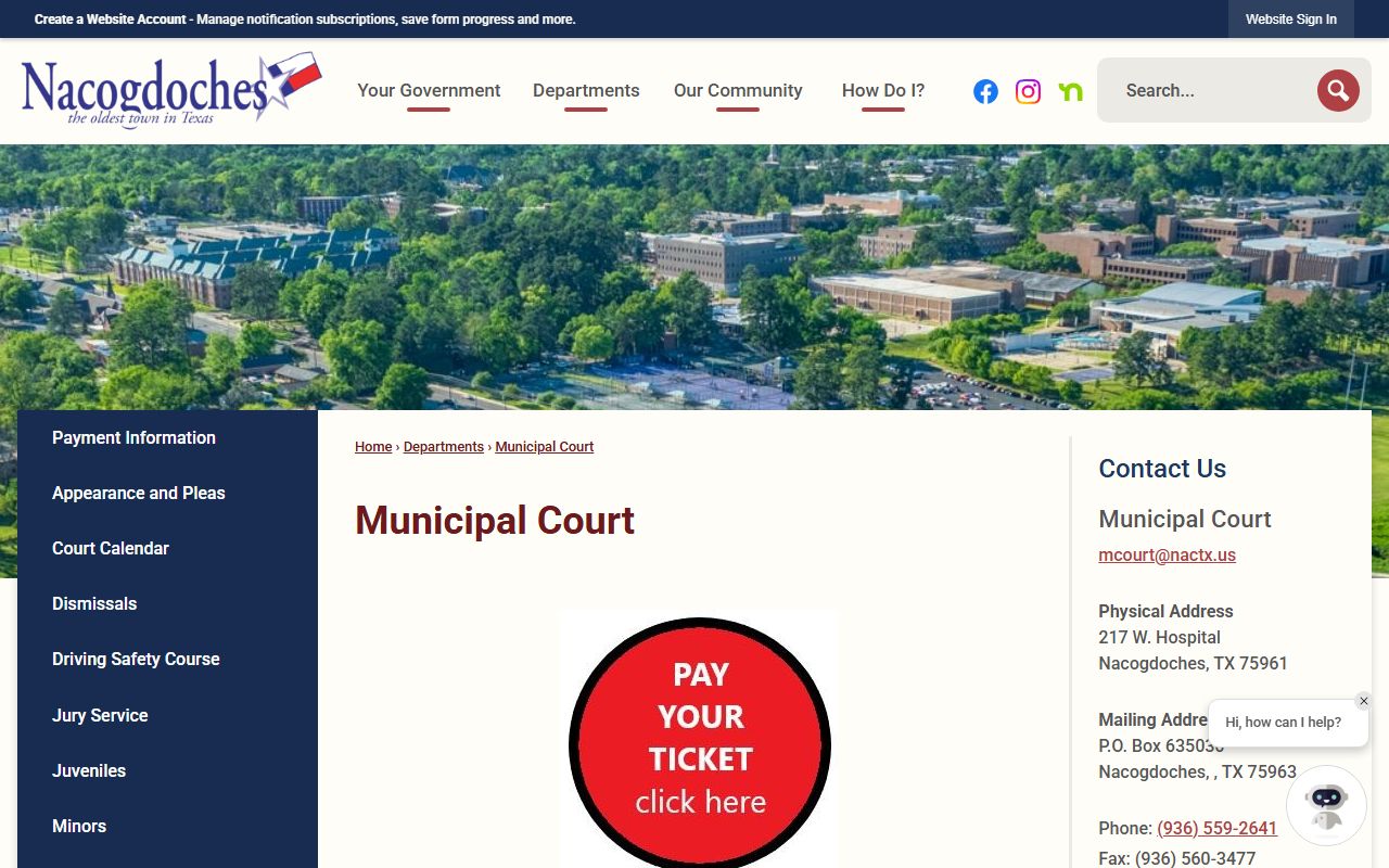 Nacogdoches Municipal Court records contact page after arrest