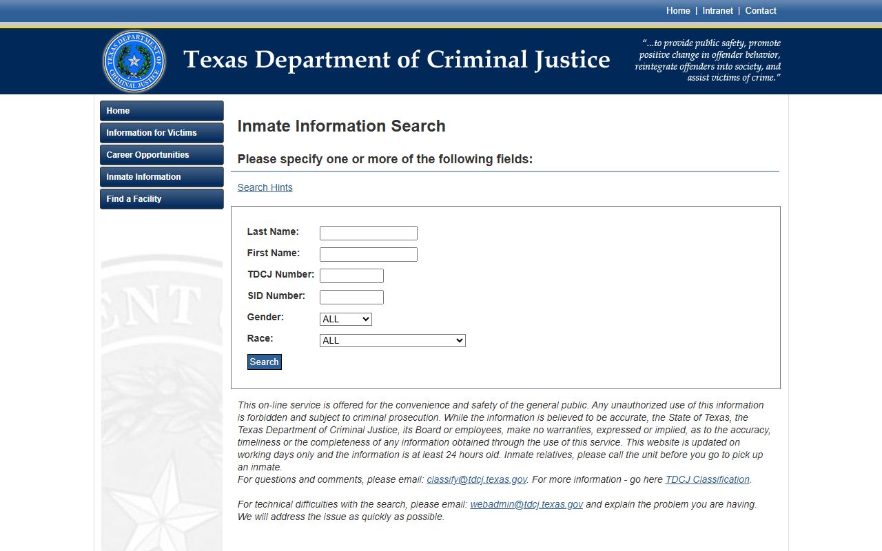 TDCJ inmate search for Nacogdoches County sentenced inmate records